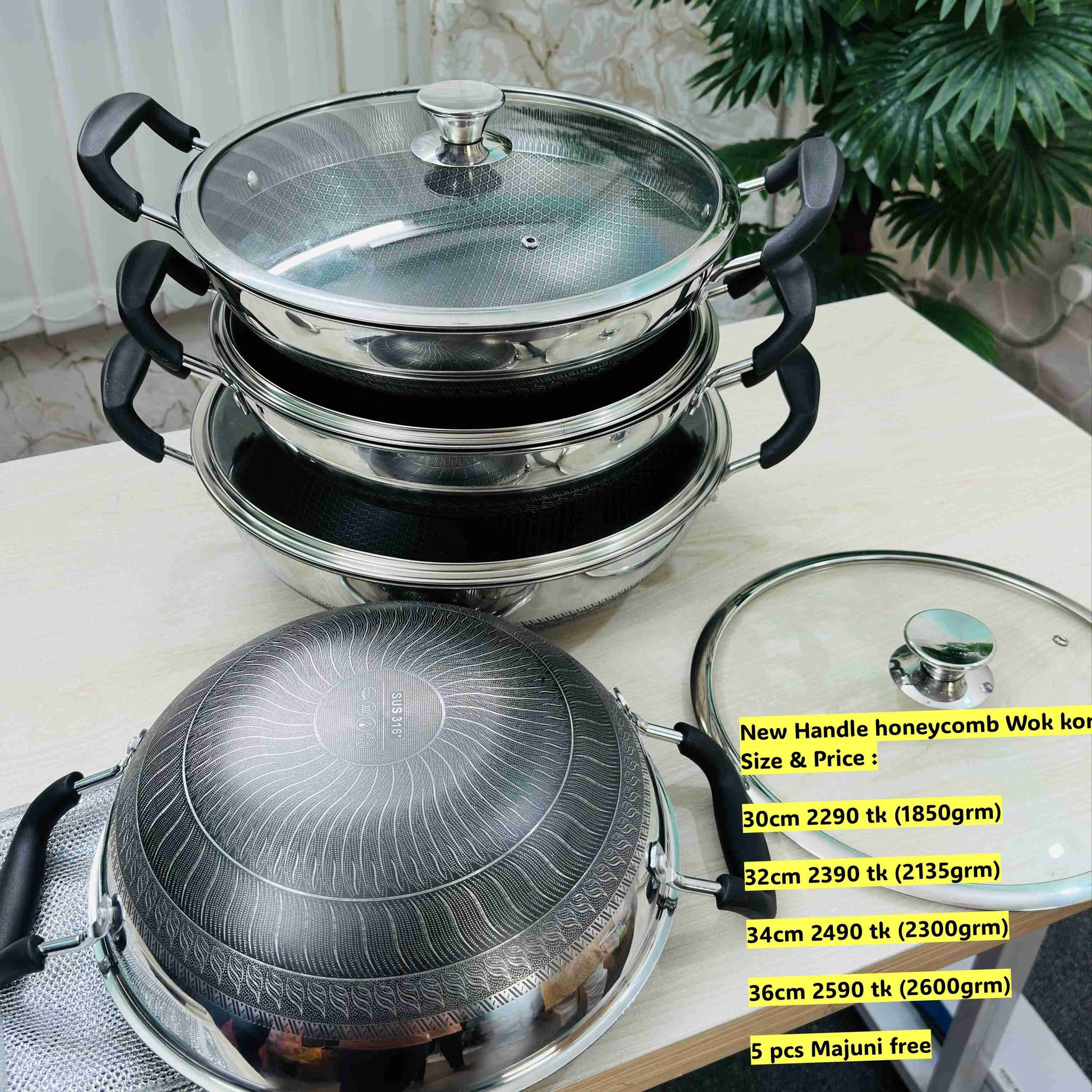 34cm Wok Korai Both-Side Honeycomb 316 Steel Grade With Lid